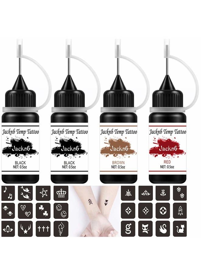 Jacknb Temporary Tattoo Kit Freehand Ink Semi Permanent Tattoo Jagua Gel 40 Pcs Free Tattoo Stencils DIY Tattoos Fake Freckles Temp Tattoos for Women Kids Men - Full Kit 4 Bottles - Image 1